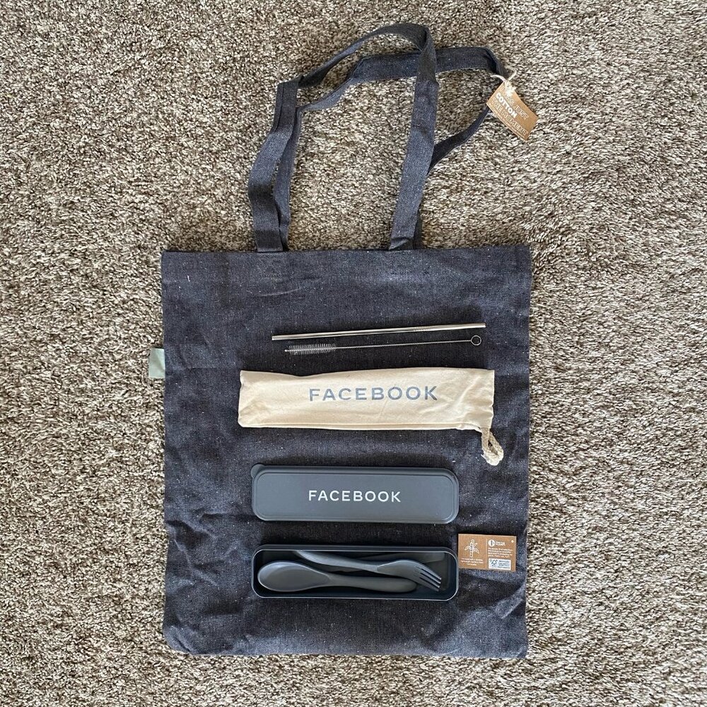 NWT Retired Facebook(Meta) Grey Eco-Friendly Canvas Strap w/ Tableware&Straw Set